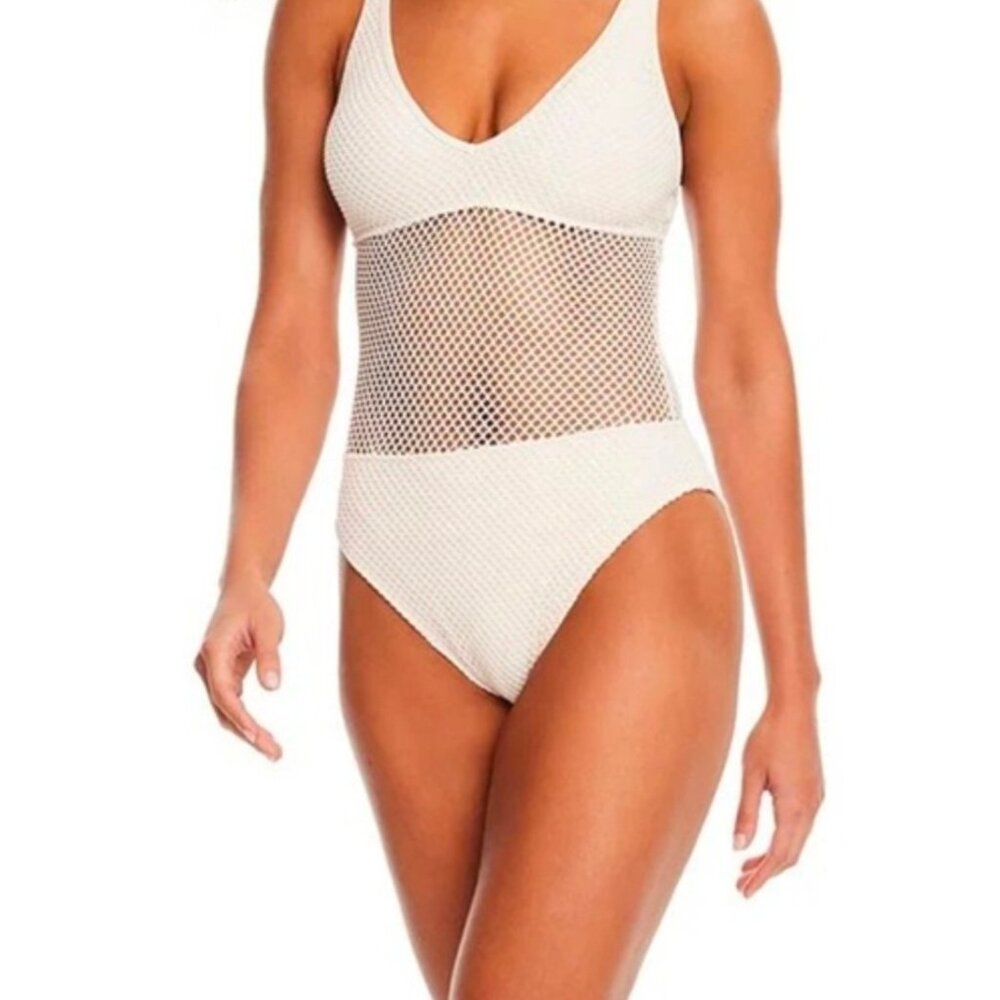 New Sanctuary - XL Women’s Cream Crochet Net V-Neck High-Leg One-Piece Swimsuit